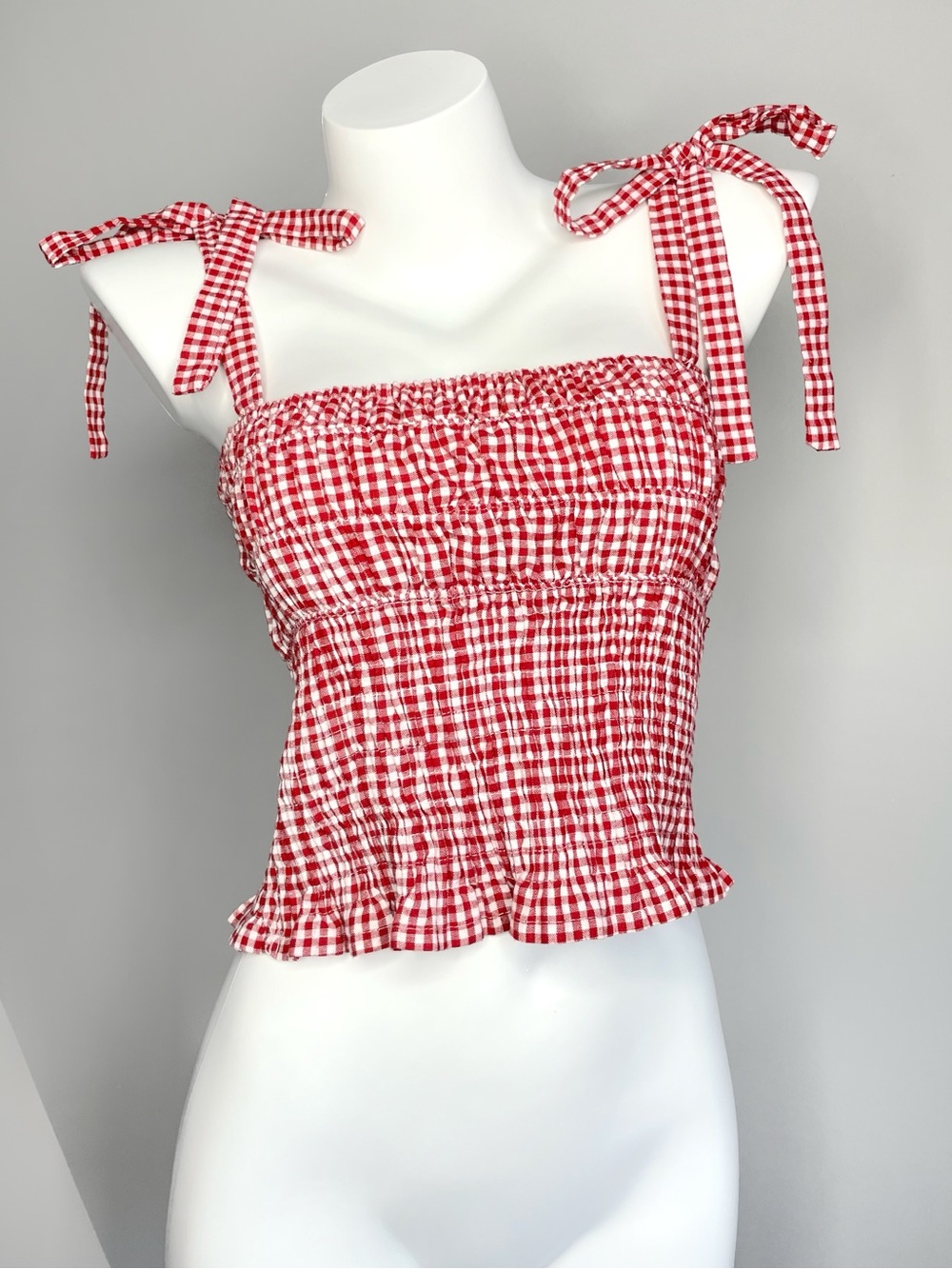 Y2K Red Smocked Gingham Tie-Shoulder Crop Top